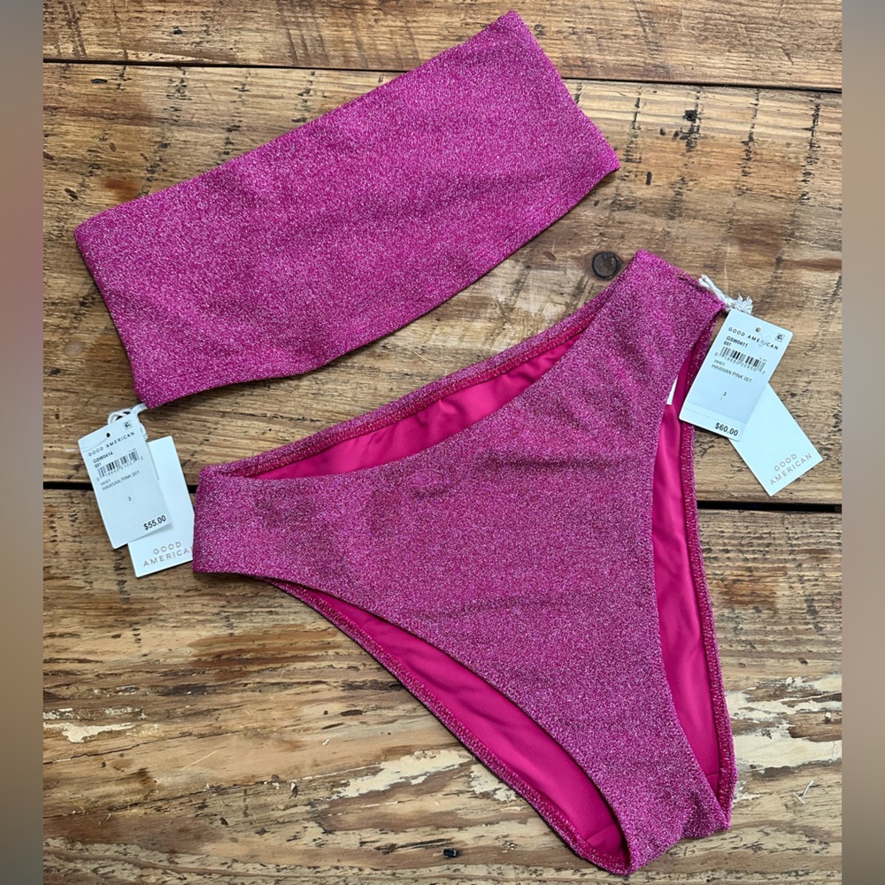🆕 GOOD AMERICAN A BETTER BAND TOP & CHEEKY FIT BOTTOM IN SPARKLE HAWAIIAN PINK